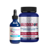 Kaleidoscope Miracle Drops in blue bottle with black top, Kaleidogrow Healty Hair Vitamins in Blue bottle with Black top and pink writing